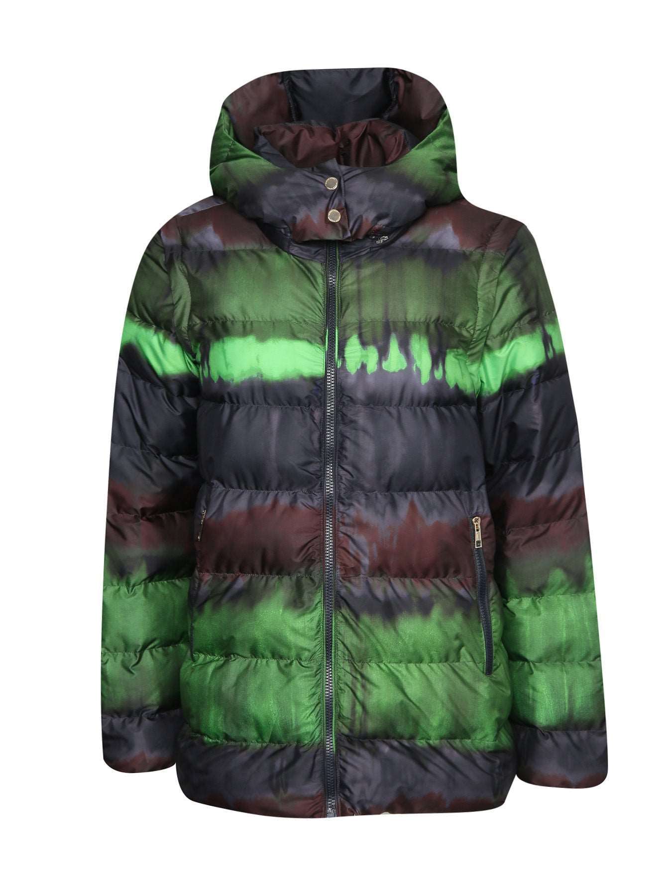 Short flared water-repellent down jacket-transformer with high collar, removable hood, and padded vegan-friendly wadding