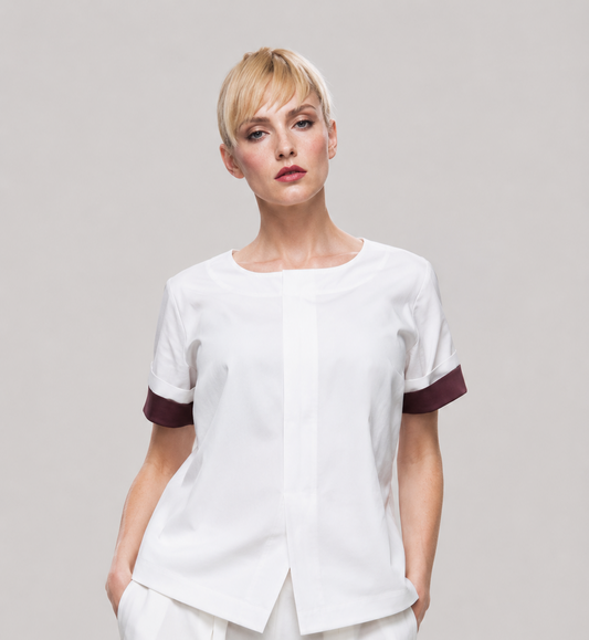 White linen short sleeve jacket with burgundy cuffs and belt by Marina Rinaldi