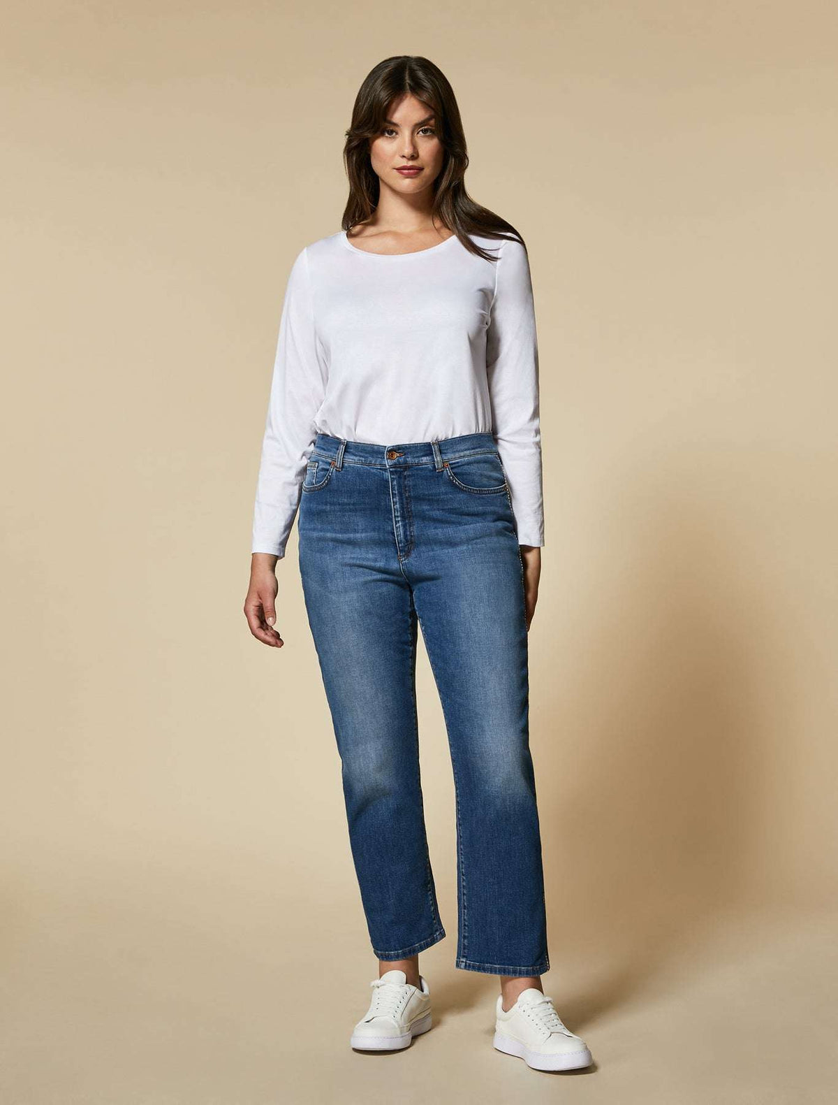 IDEALE jeans in medium blue stretch denim with straight-leg cut and crystal rhinestone stripes along the side seams