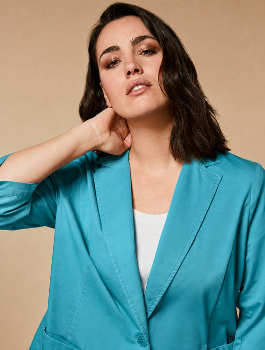 CORO Turquoise Cotton Jacket by Marina Rinaldi with tailored silhouette and three-quarter sleeves in vibrant turquoise