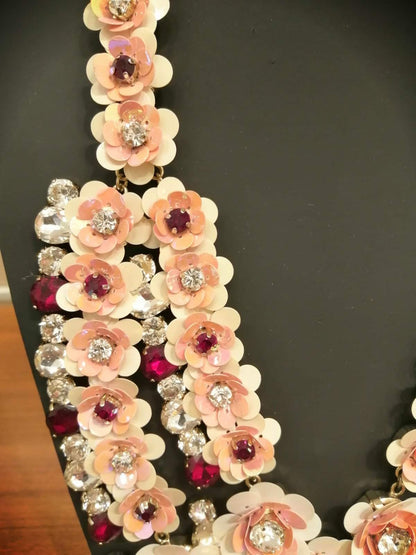 Delicate Pink necklace LILUM with sparkling diamonds resembling blooming sakura, 65 cm length