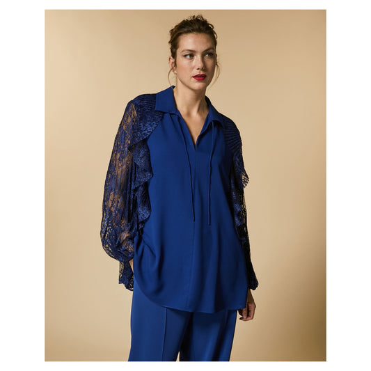 Model wearing royal blue FARFALLA blouse in lightweight crepe and lace by Marina Rinaldi, front view