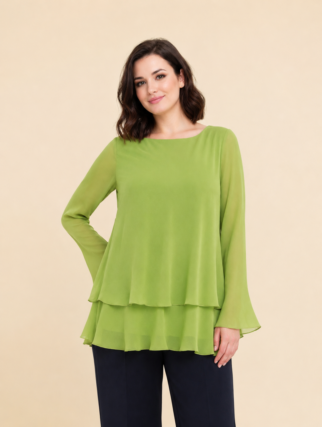 Plus size Blouse BINARIO in lightweight georgette with layered ruffle hem and flared long sleeves.