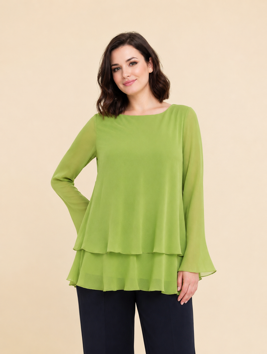 Plus size Blouse BINARIO in lightweight georgette with layered ruffle hem and flared long sleeves.