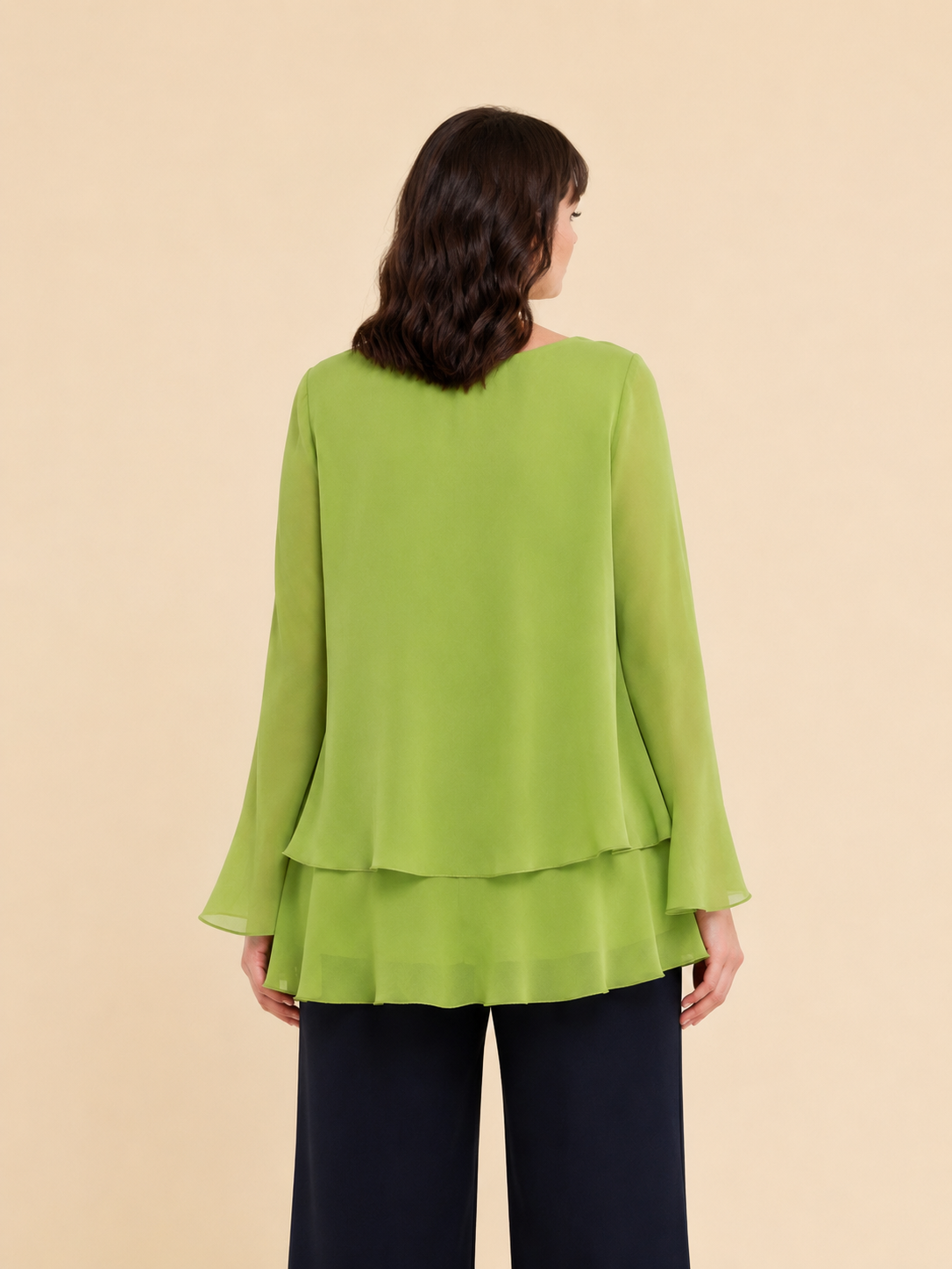 Plus size woman wearing elegant Blouse BINARIO with layered ruffles and flared cuffs in lightweight georgette fabric