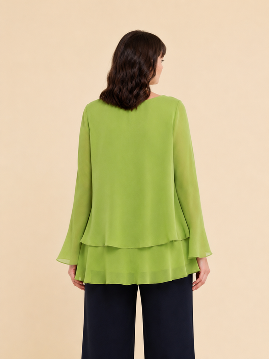 Plus size woman wearing elegant Blouse BINARIO with layered ruffles and flared cuffs in lightweight georgette fabric