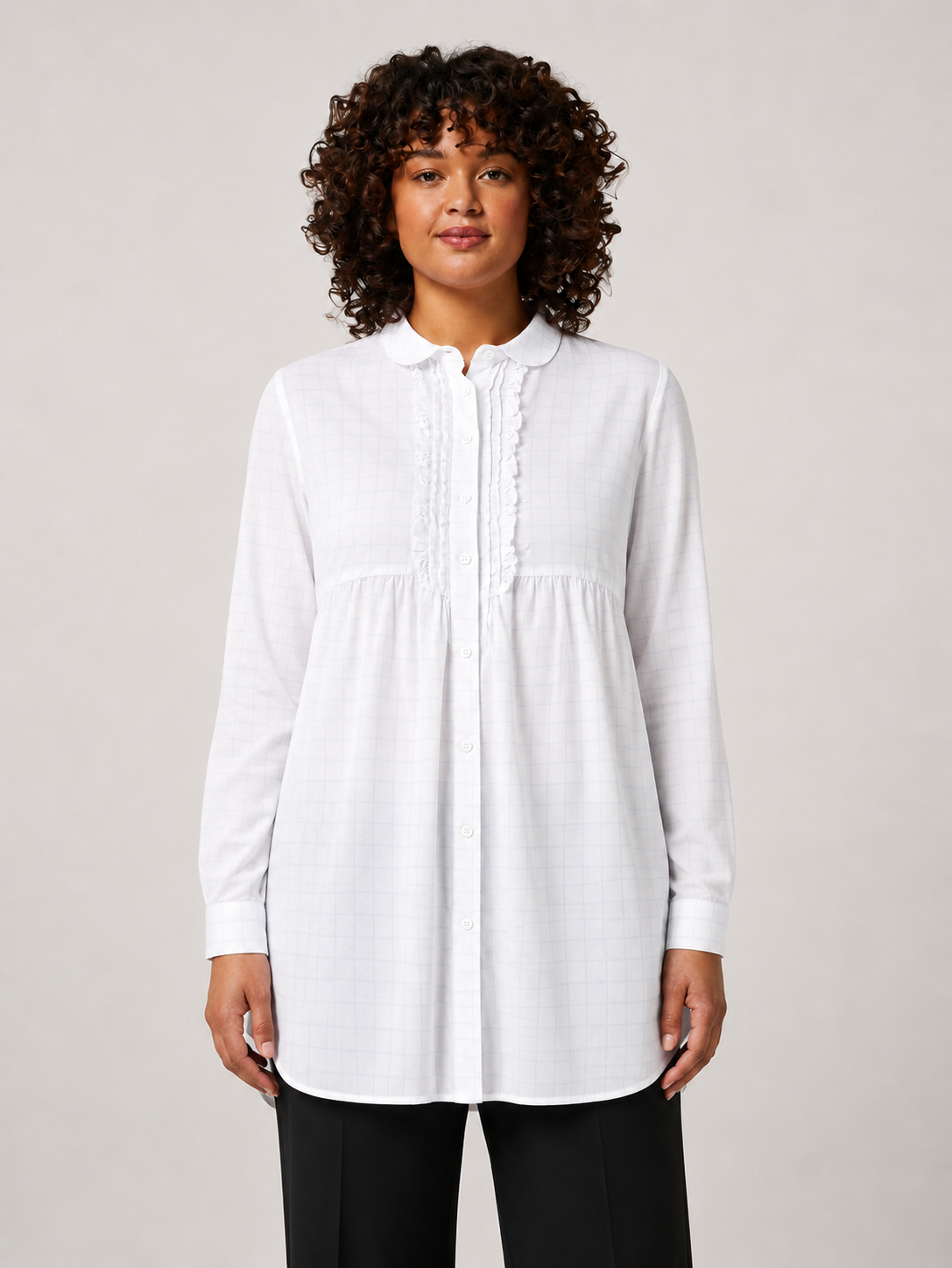 White GAFFI cotton shirt with long sleeves, pointed collar, and ruffle polo fastening by Persona by Marina Rinaldi