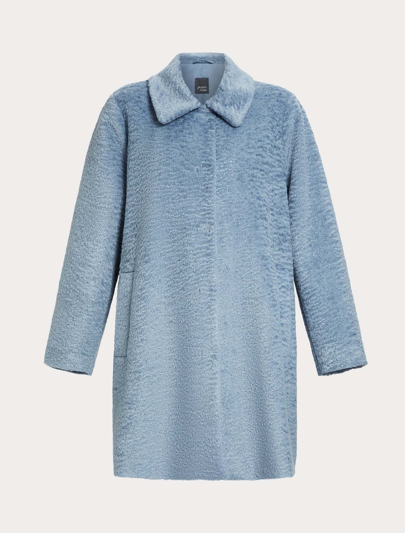 Eco fur coat short straight cut with snap buttons and shirt collar in lightweight jersey fabric