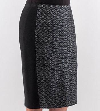 High-waisted Skirt ORBITA with printed lace panel and zipper closure in lined jersey fabric
