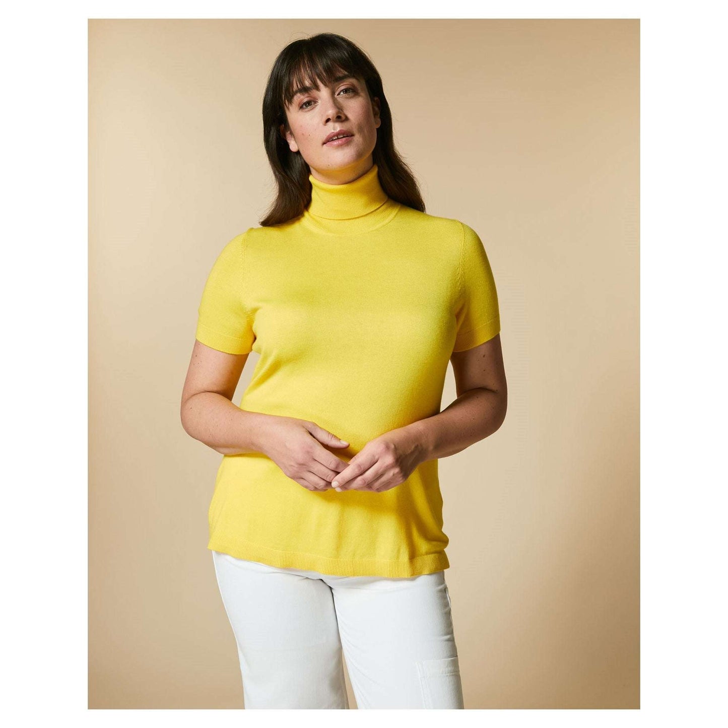 Yellow AGAVE short-sleeved sweater with high neckline and ribbed trims from Marina Rinaldi Marina Sport collection