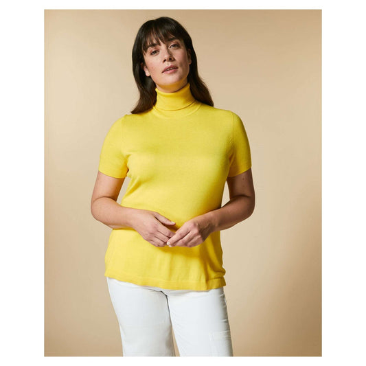 Yellow AGAVE short-sleeved sweater with high neckline and ribbed trims from Marina Rinaldi Marina Sport collection