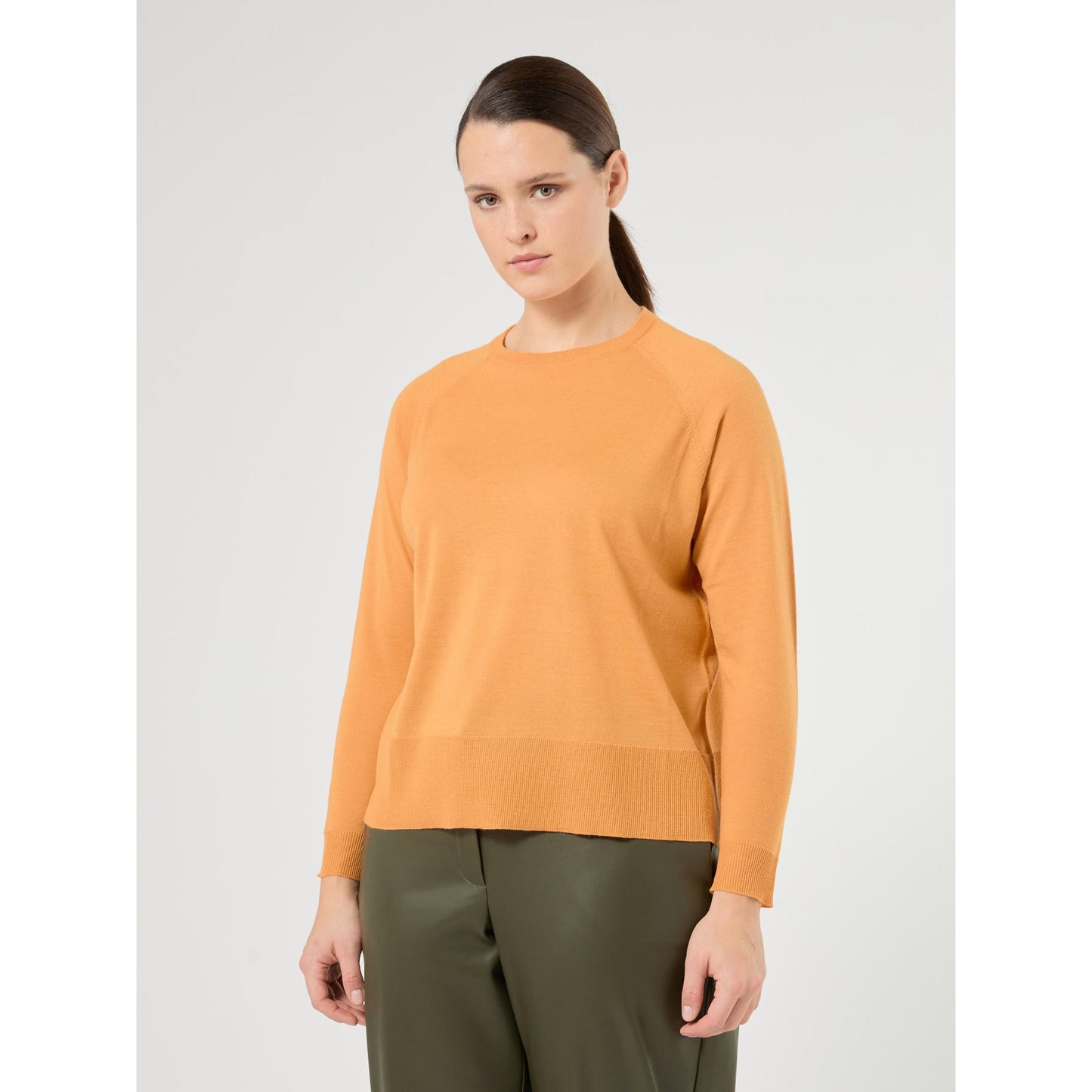 Orange boxy fit merino wool sweater by Persona by Marina Rinaldi with round neck and raglan sleeves