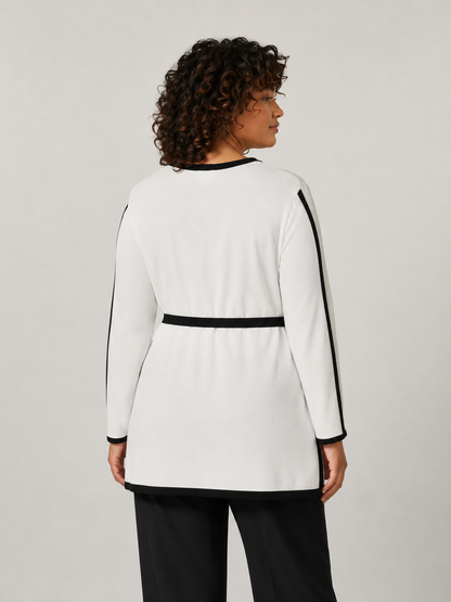 White Sweater DEMARCHI with black striped trim and belt, knitted in non-creasing fabric