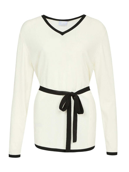 White Sweater DEMARCHI with black striped trim and belt, non-creasing fabric, stylish travel knitwear