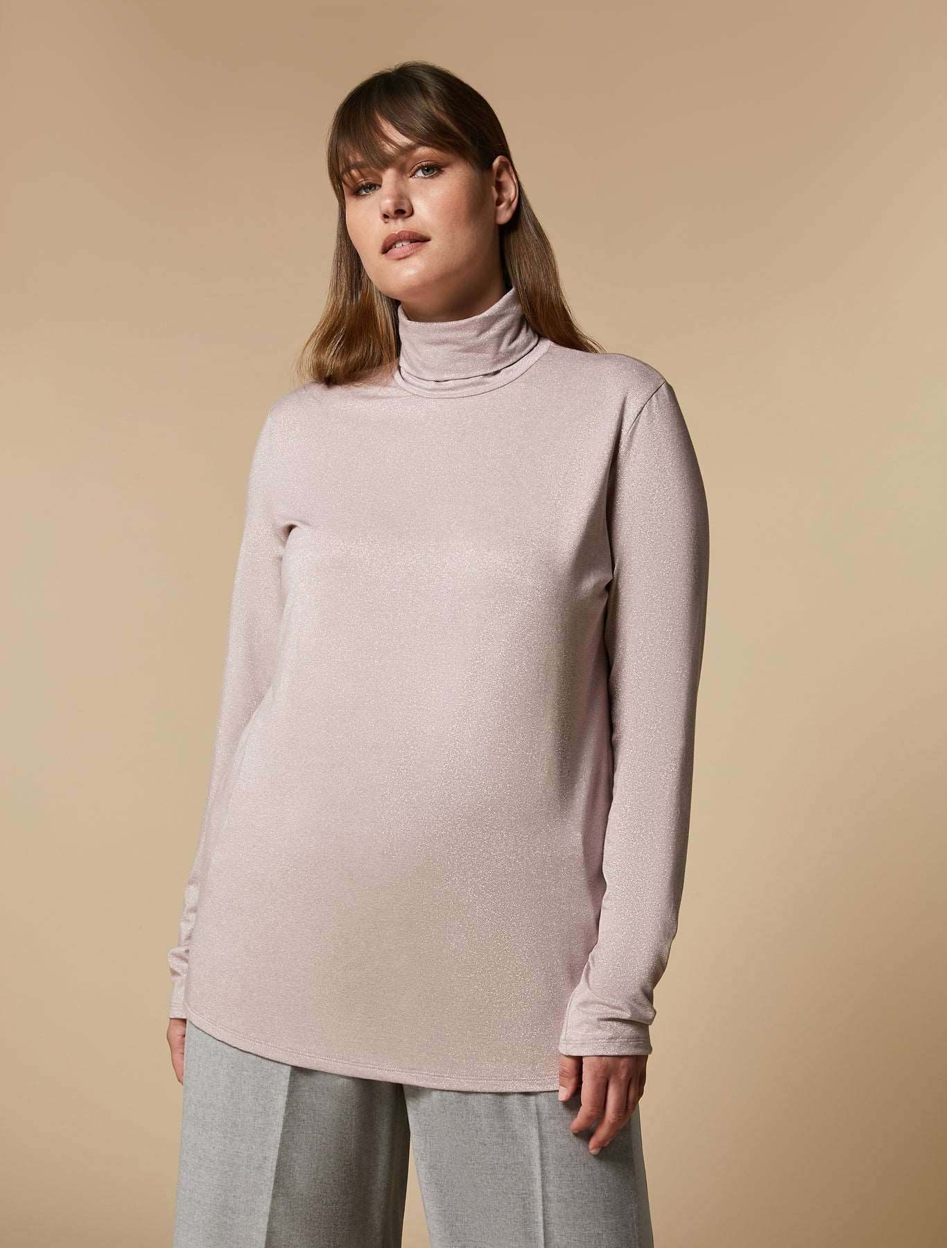 High-necked long-sleeve Sweater ROSITA with slim silhouette and wet look, perfect for layering