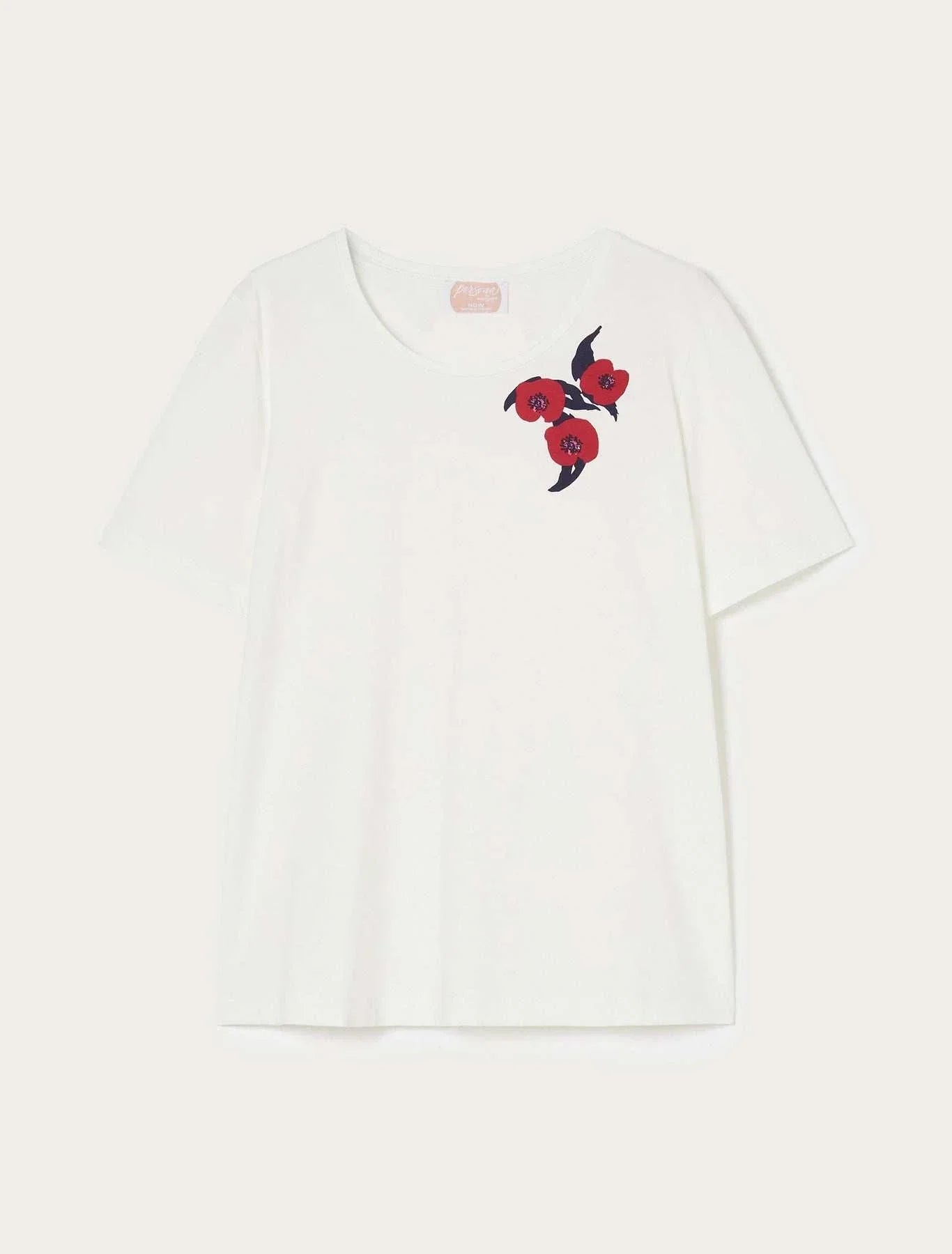 KIPUR printed cotton T-shirt in stretch jersey with red poppy and geometric heart designs