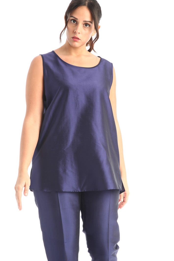 Top BITTER loose-fitting silk top in blue and green with round neckline and elegant design