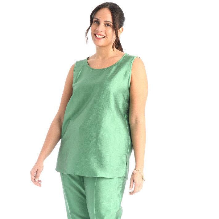 Blue and green silk Top BITTER with round neckline and loose fit
