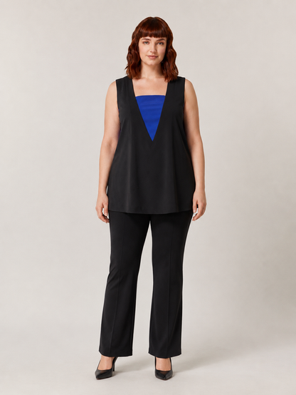 FORMA sleeveless top with square neckline and contrast inserts in lightweight polyester for a modern silhouette