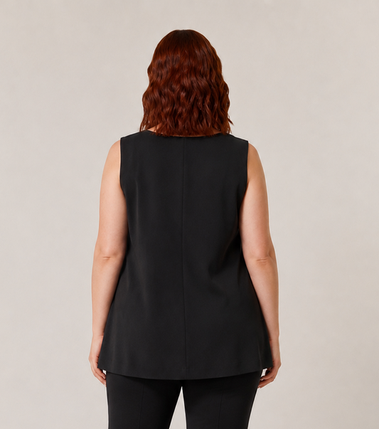 FORMA sleeveless top with square neckline and contrast inserts in lightweight polyester for a modern silhouette