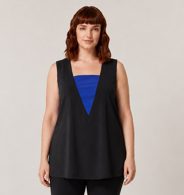 FORMA sleeveless top with square neckline and contrast inserts in lightweight polyester for a modern silhouette