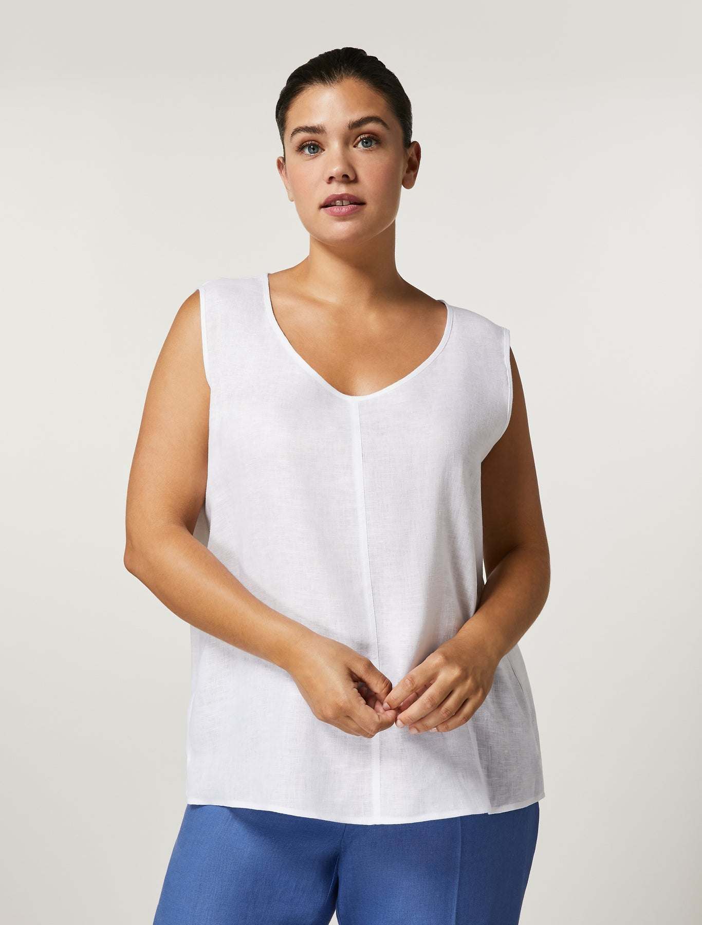 Top SHAKER sleeveless linen canvas top with lurex stitching and side slits, 65 cm length