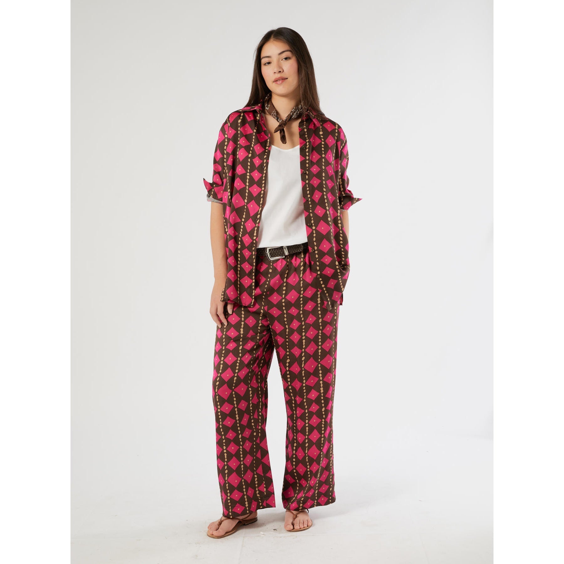 BIKINI printed viscose satin trousers with fluid cropped silhouette and elastic waistband