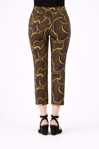 BROMMO printed trousers in brown and gold abstract print with cropped tapered fit by Persona by Marina Rinaldi