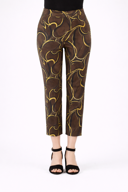 BROMMO printed trousers in brown and gold abstract print with cropped tapered fit and cotton stretch fabric