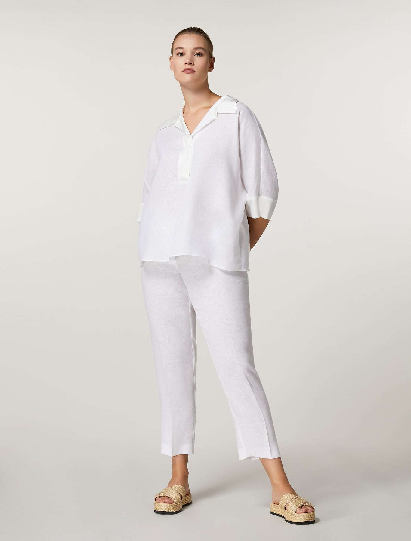 Slim fit Trousers DENIS in pure flax linen with elasticated waistband and pressed pleats