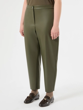 Persona by Marina Rinaldi plus size olive coated jersey carrot fit trousers with raw-cut hem and rear-elasticated waistband