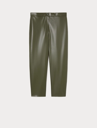 Olive coated jersey carrot fit trousers by Persona by Marina Rinaldi with raw-cut hem and rear-elasticated waistband