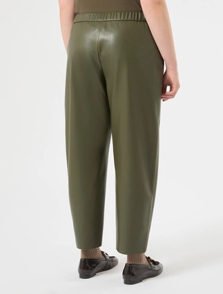 Persona by Marina Rinaldi olive coated jersey carrot fit trousers with raw-cut hem and rear-elasticated waistband