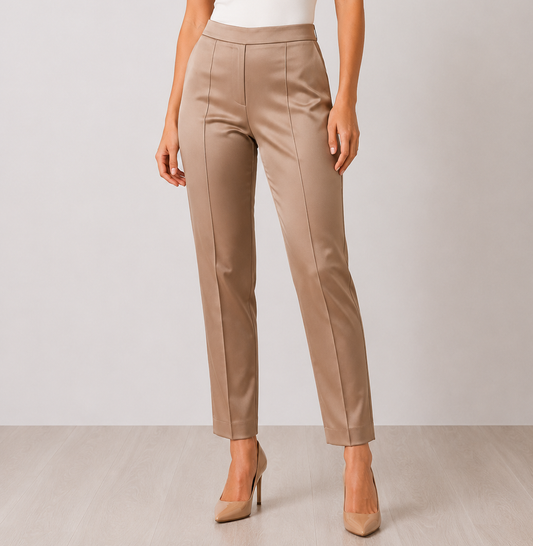 RUSSIA classic straight trousers with front crease and side zip in smooth silk-like fabric by Persona by Marina Rinaldi