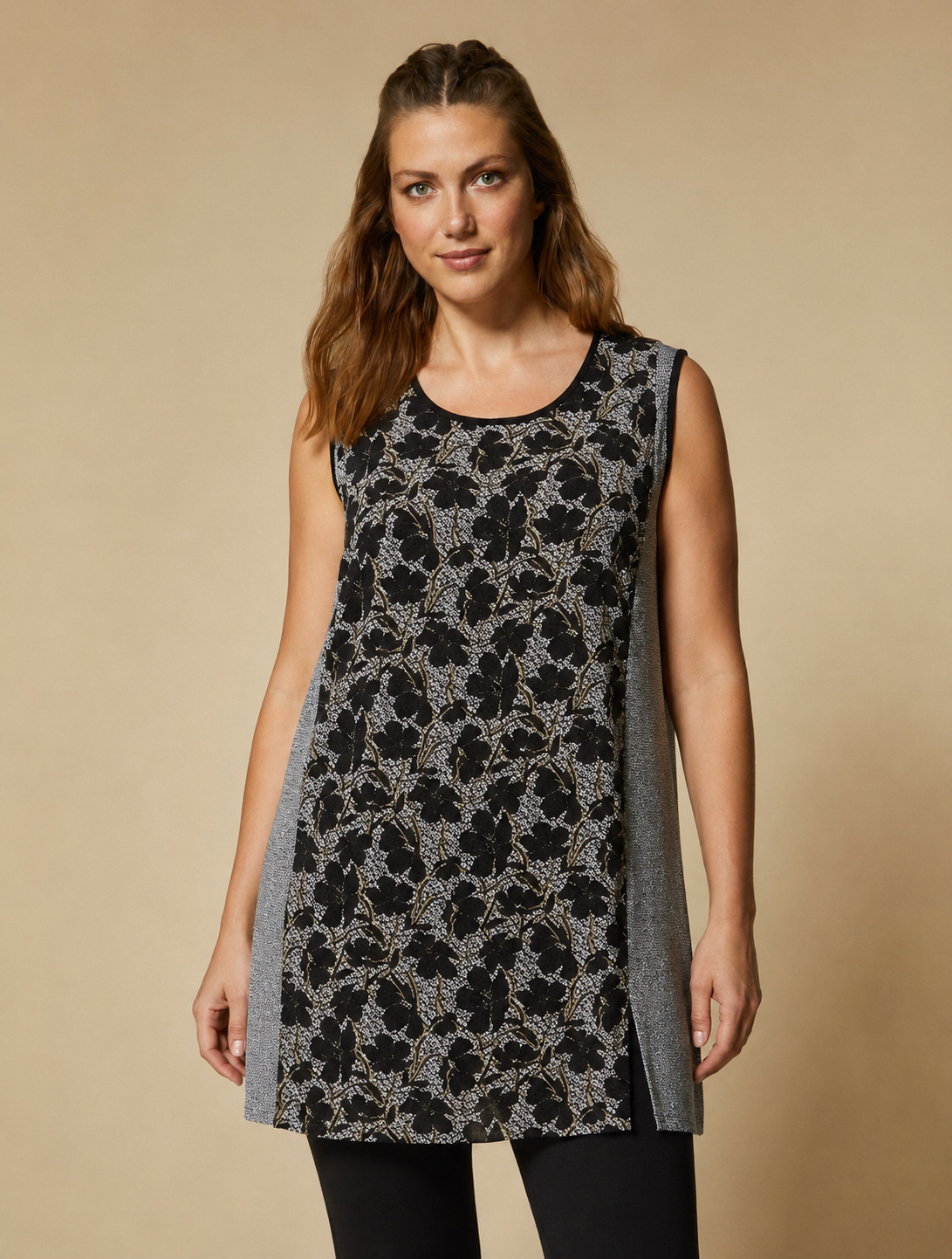 BALIA sleeveless tunic with asymmetric cut and contrast print in lightweight polyester fabric