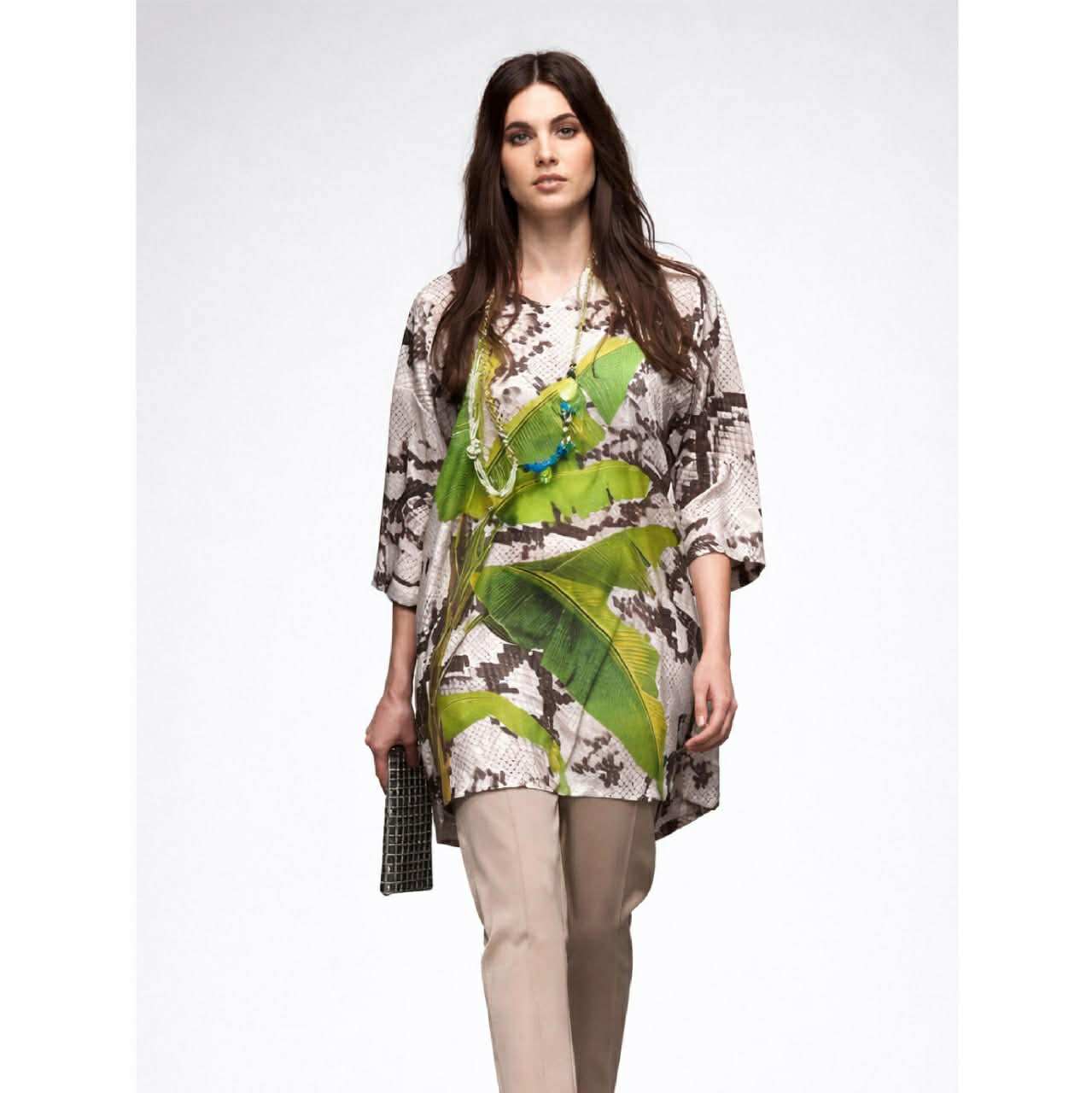 Fauna tunic with animal print and green tropical leaves, V-neck, 3/4 sleeves, lightweight fabric by Persona by Marina Rinaldi