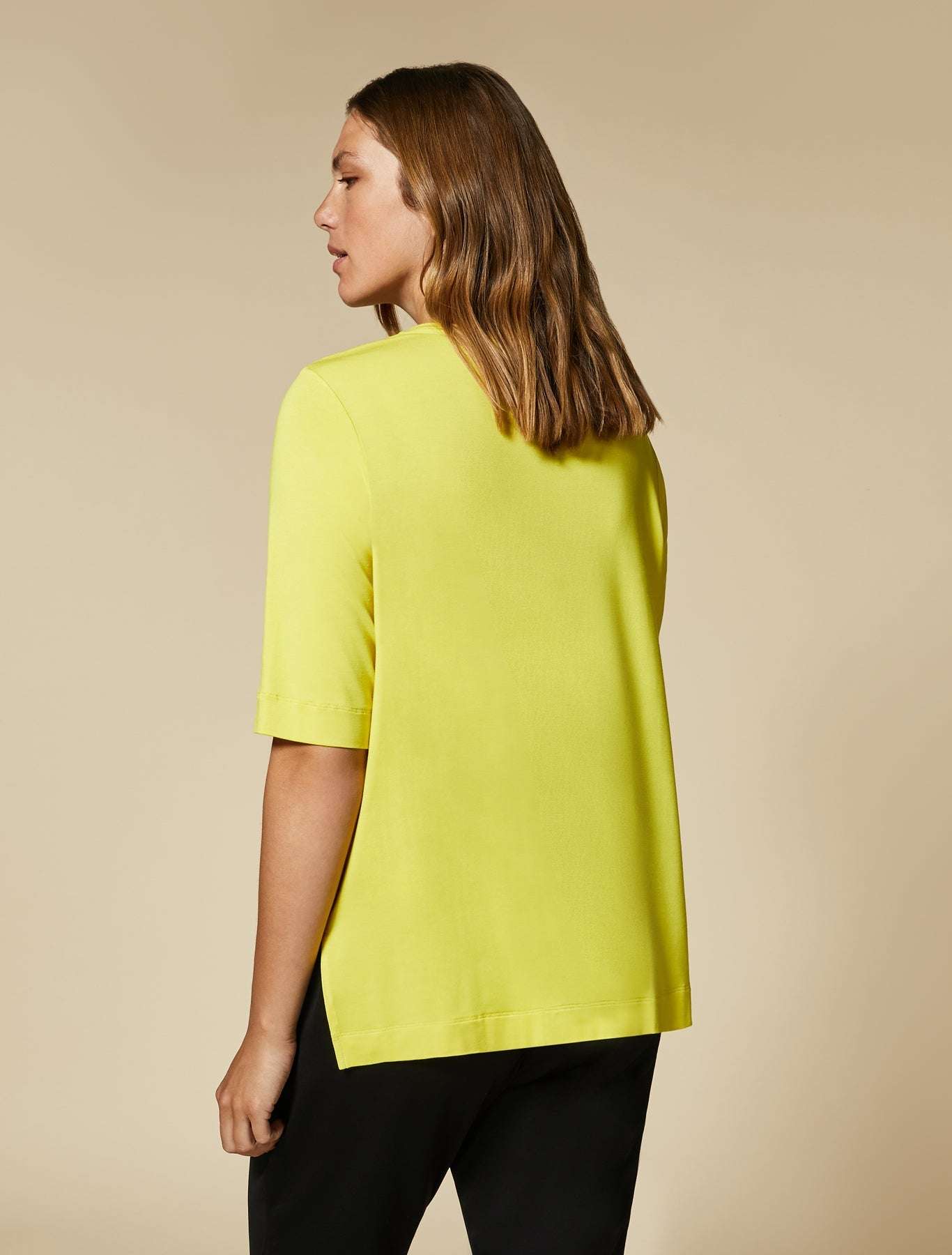 Tunic VIOLA viscose jersey with satin front, V-neck, elbow sleeves, split hem, regular fit