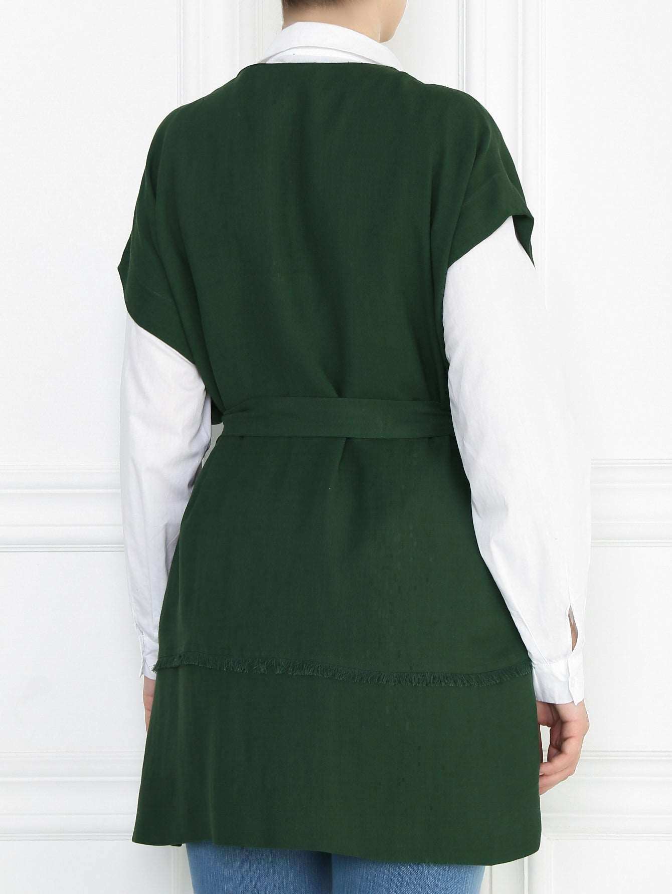 Long GINSENG vest with extended sleeves, trim, and belt, made of viscose and linen blend