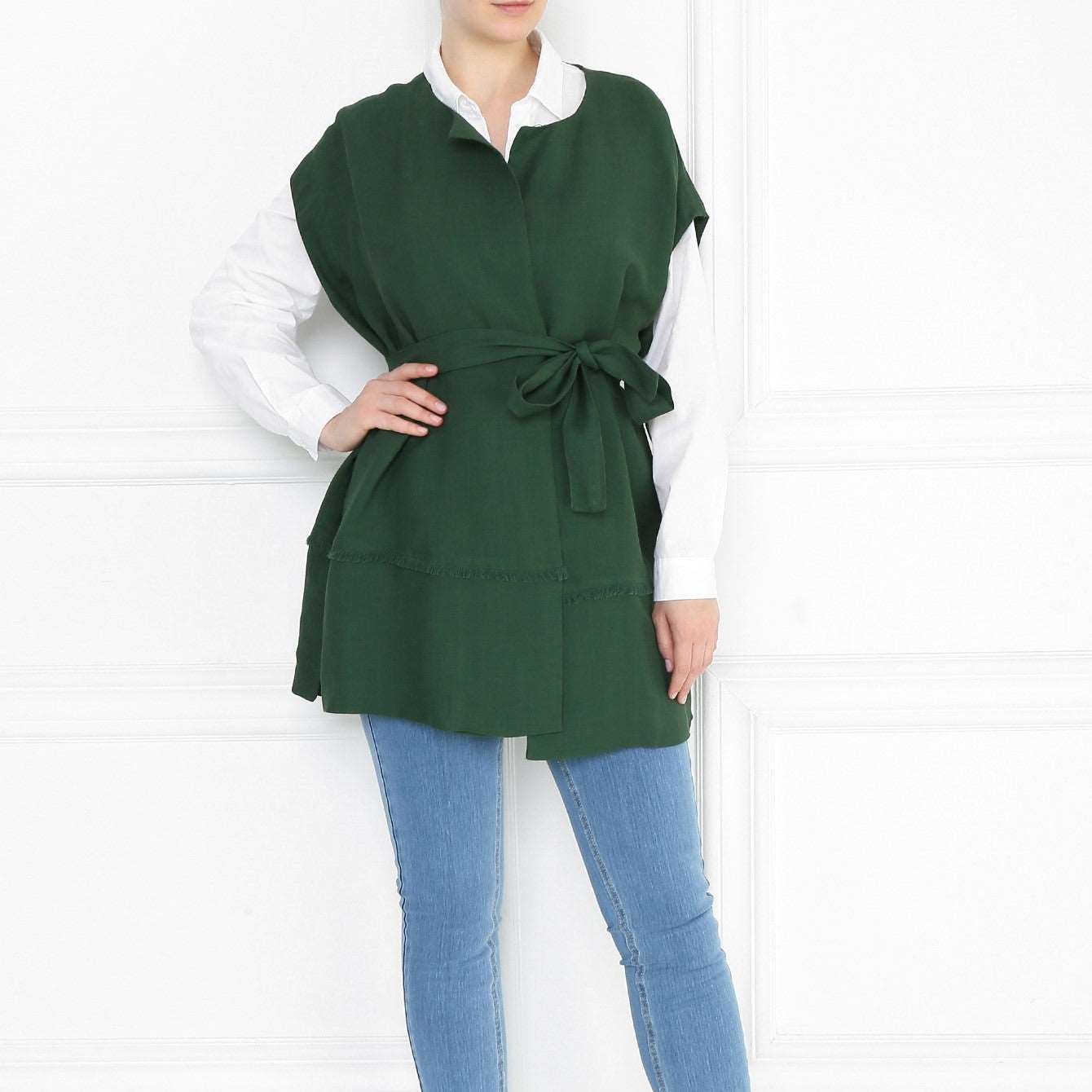 GINSENG vest long sleeveless with belt and trim details in viscose linen blend