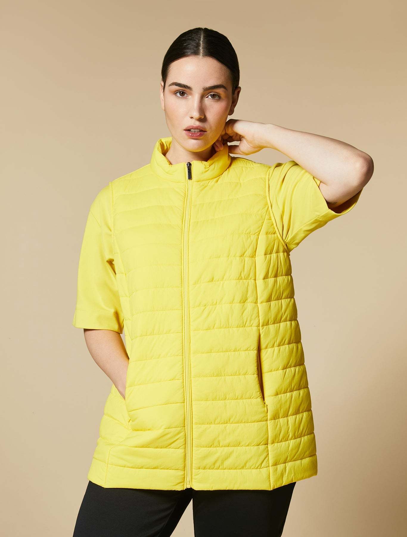 Quilted vest PASSO sleeveless with stand-up collar and zippered pockets, 80g cotton padding, 72 cm length