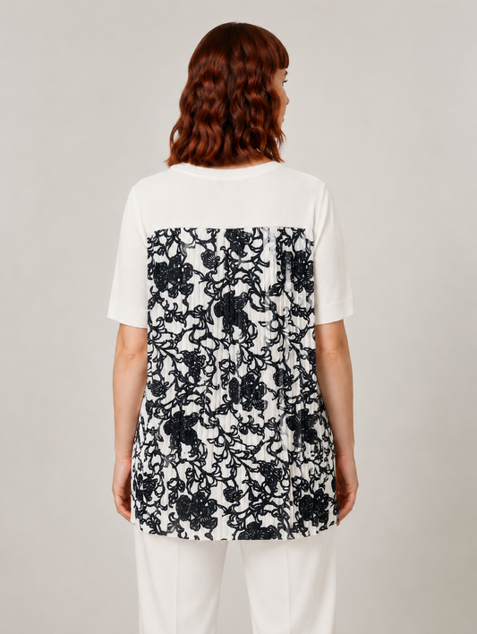 Plus size viscose sweater with pleated botanical print back panel and round neckline