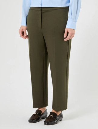 Persona by Marina Rinaldi plus size straight cropped Milano-knit jersey trousers in olive with rear-elastic waistband and pressed pleats