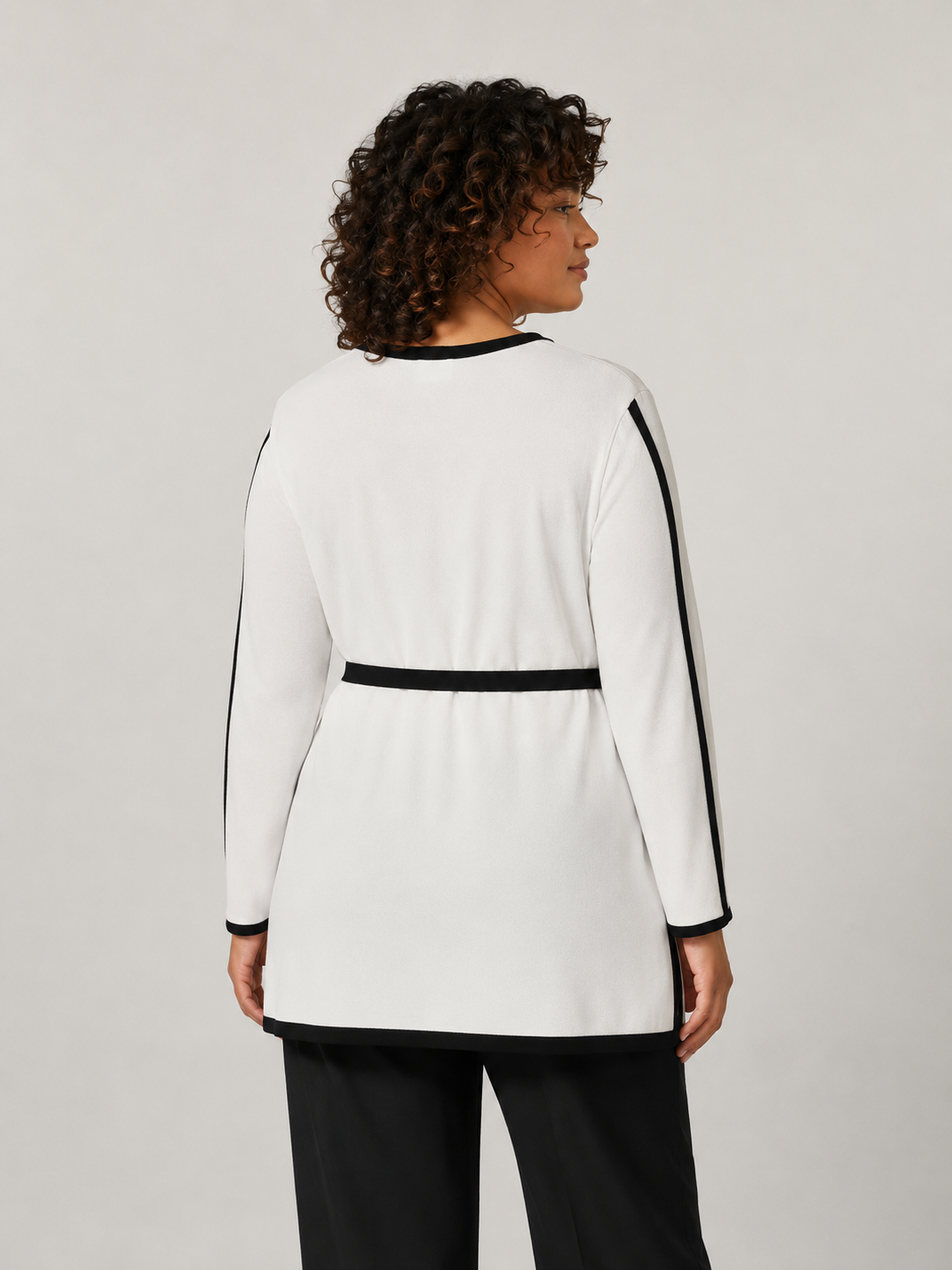 White Sweater DEMARCHI with black striped trim and belt, knitted in non-creasing fabric