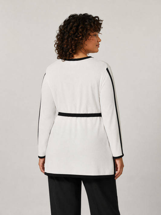 White Sweater DEMARCHI with black striped trim and belt, knitted in non-creasing fabric