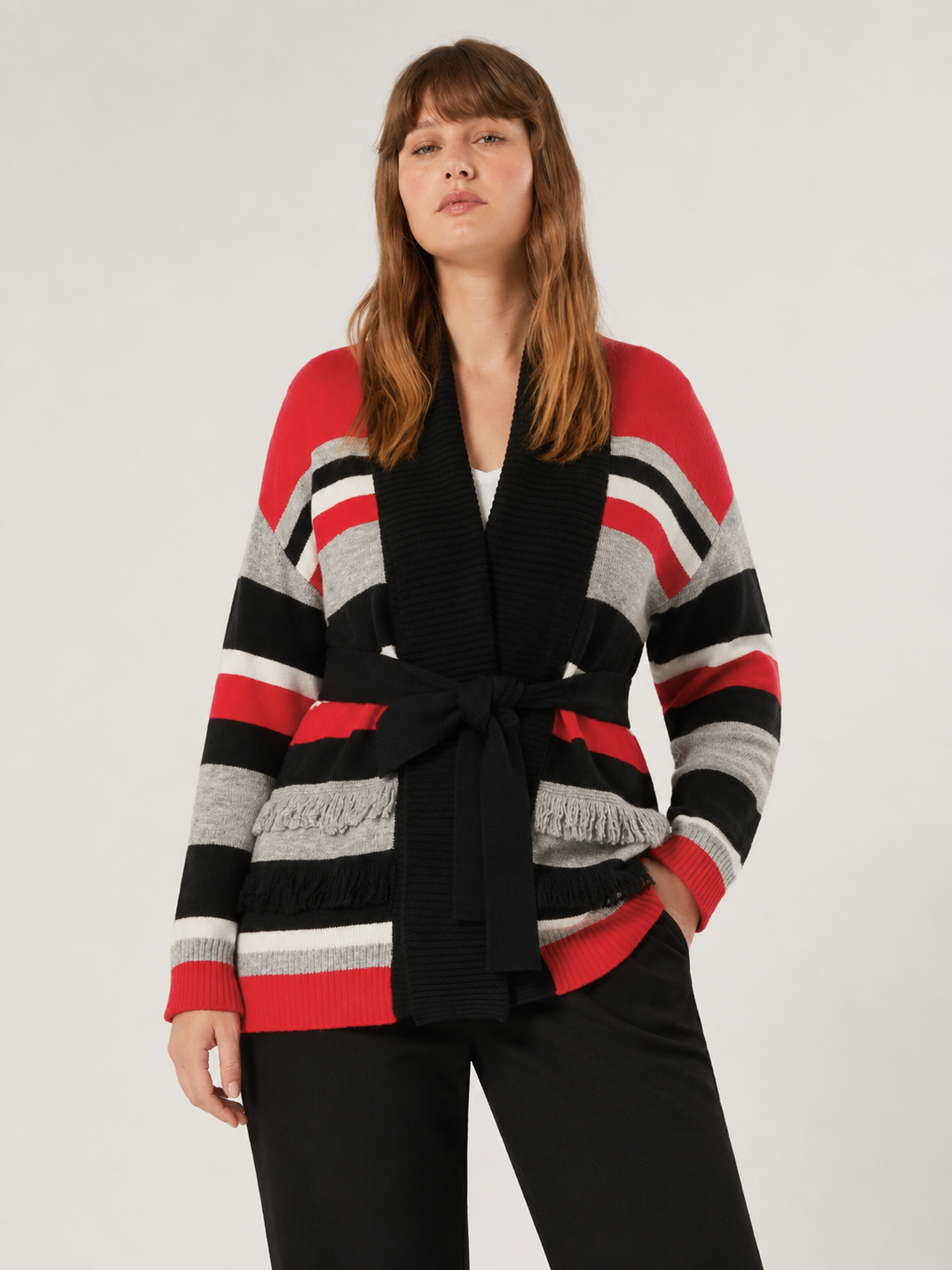 Bright striped cardigan with towel collar, fringed edge, long sleeves, and belt made of linen blend