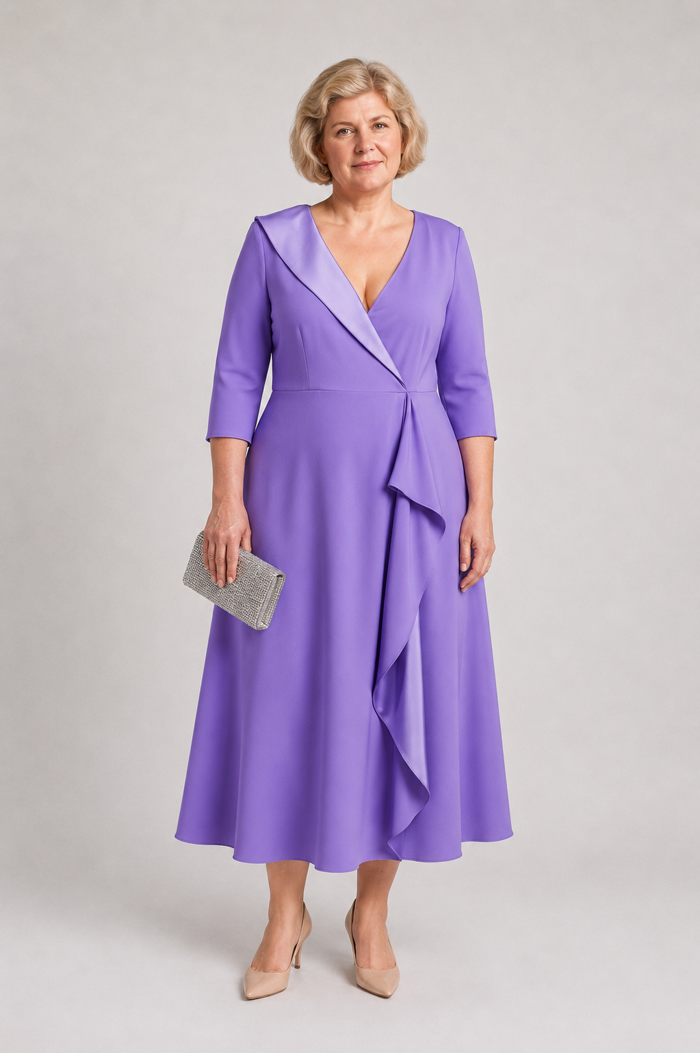 A woman modeling a lavender purple wrap midi dress with three-quarter sleeves and a draped waist detail, holding a small silver clutch against a light gray studio background.