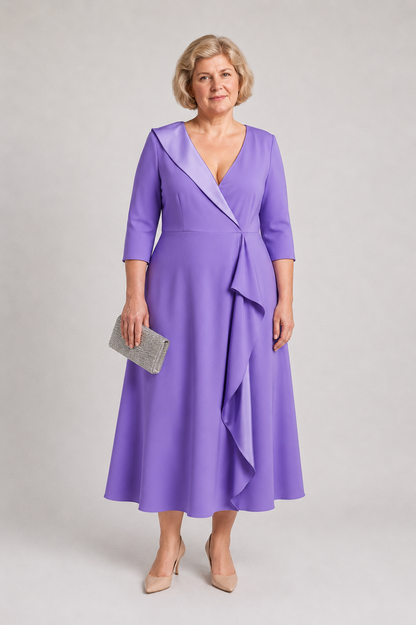 Dress ANDORRA midi crepe envers satin with flounce details and detachable sleeves