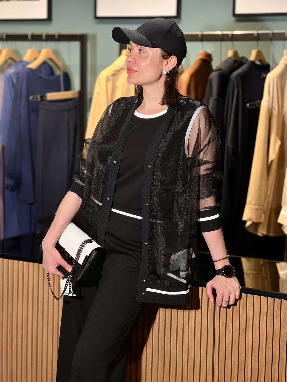 SAMO organza cardigan with knitted trims, V-neck, straight fit, and patch pockets from Persona by Marina Rinaldi collection