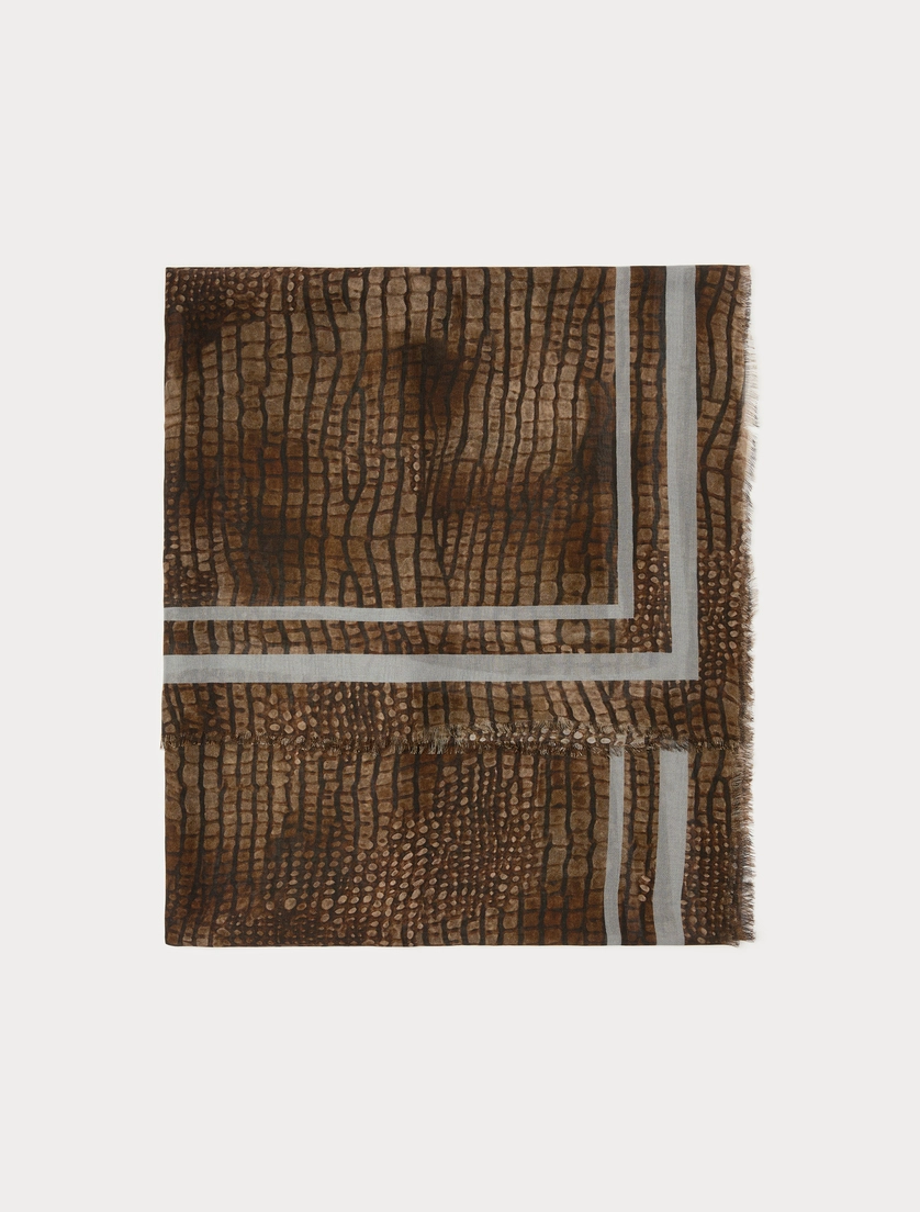 A square scarf with a brown and black reptile-like textured pattern, featuring a white geometric border design, displayed flat against a light gray background.